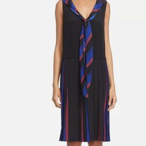 NWOT Marc Jacobs Stripe Pleat Silk Tie Neck Shift Dress in Blue M (Orig. $675)